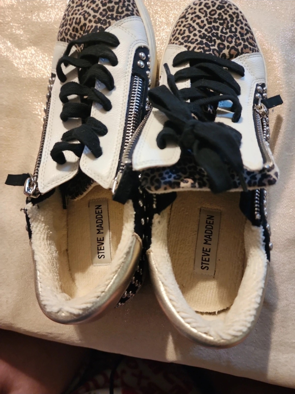Steve Madden White Sneakers with Leopard Toe and Black Laces - Picture 4 of 5